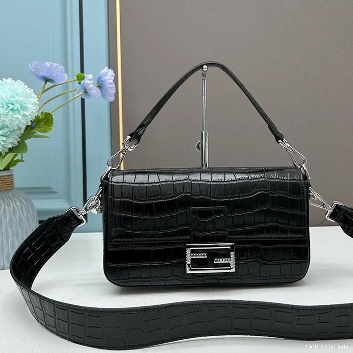 Cheap Medium Crocodile Leather Baguette In Black Fendi Re-Edition Bag 0818